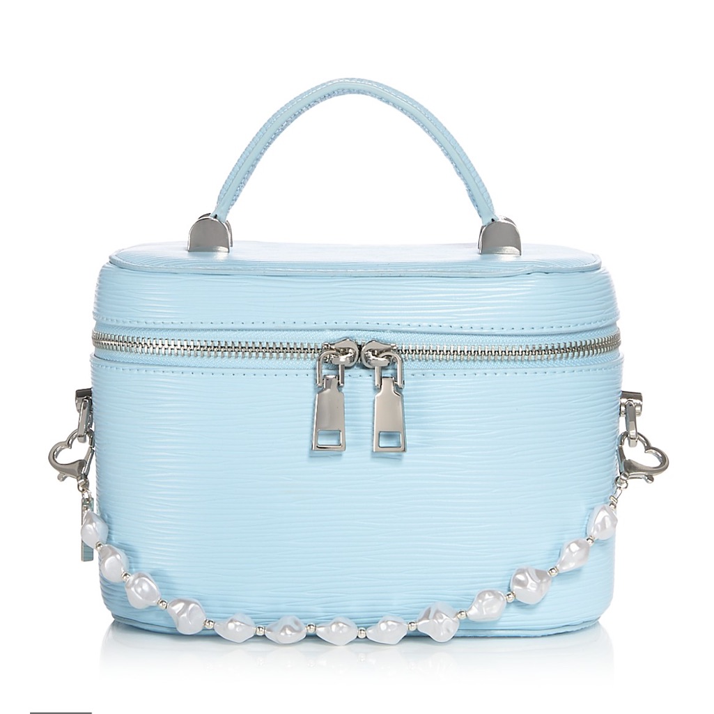 Bloomingdales Elegant Blue Handbag With Pearl Accents Sholder Purse Zipper
